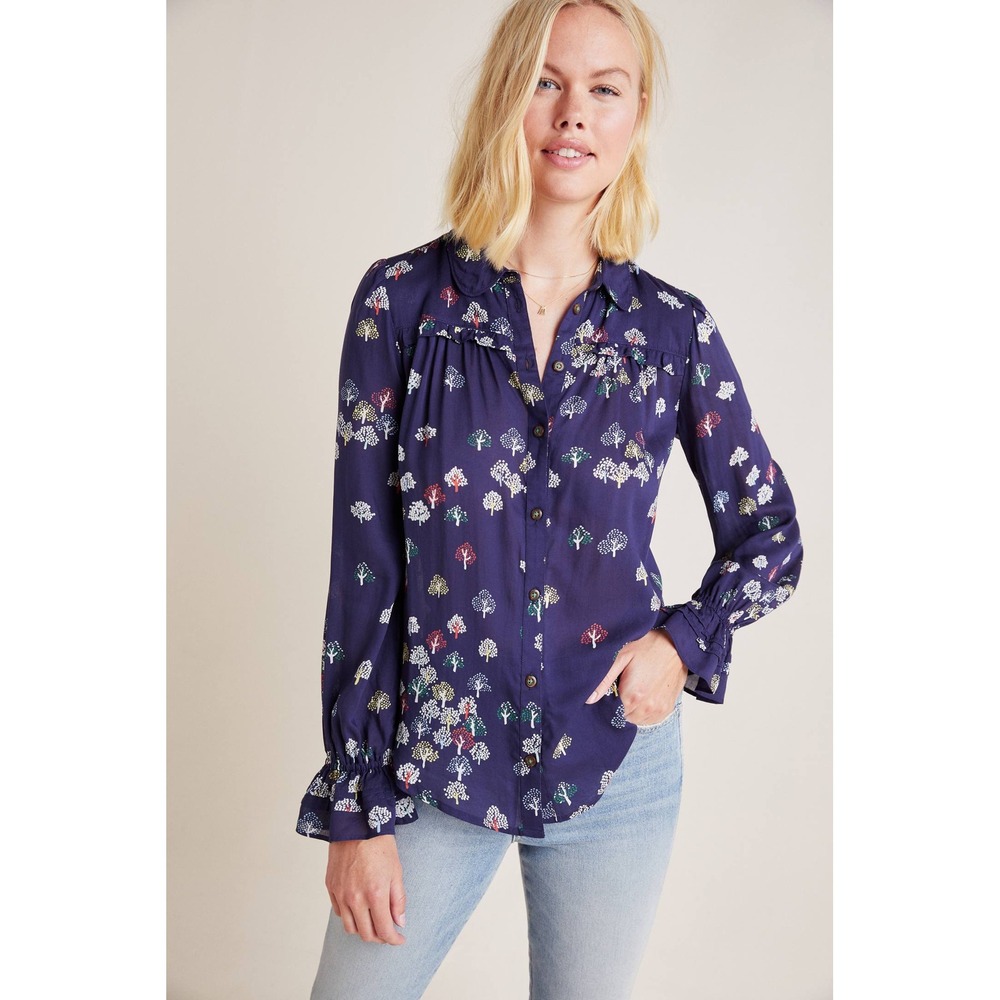 Maeve Anthropologie Button Down Top Tree Print Ruffle Cuff Blouse Size US 2